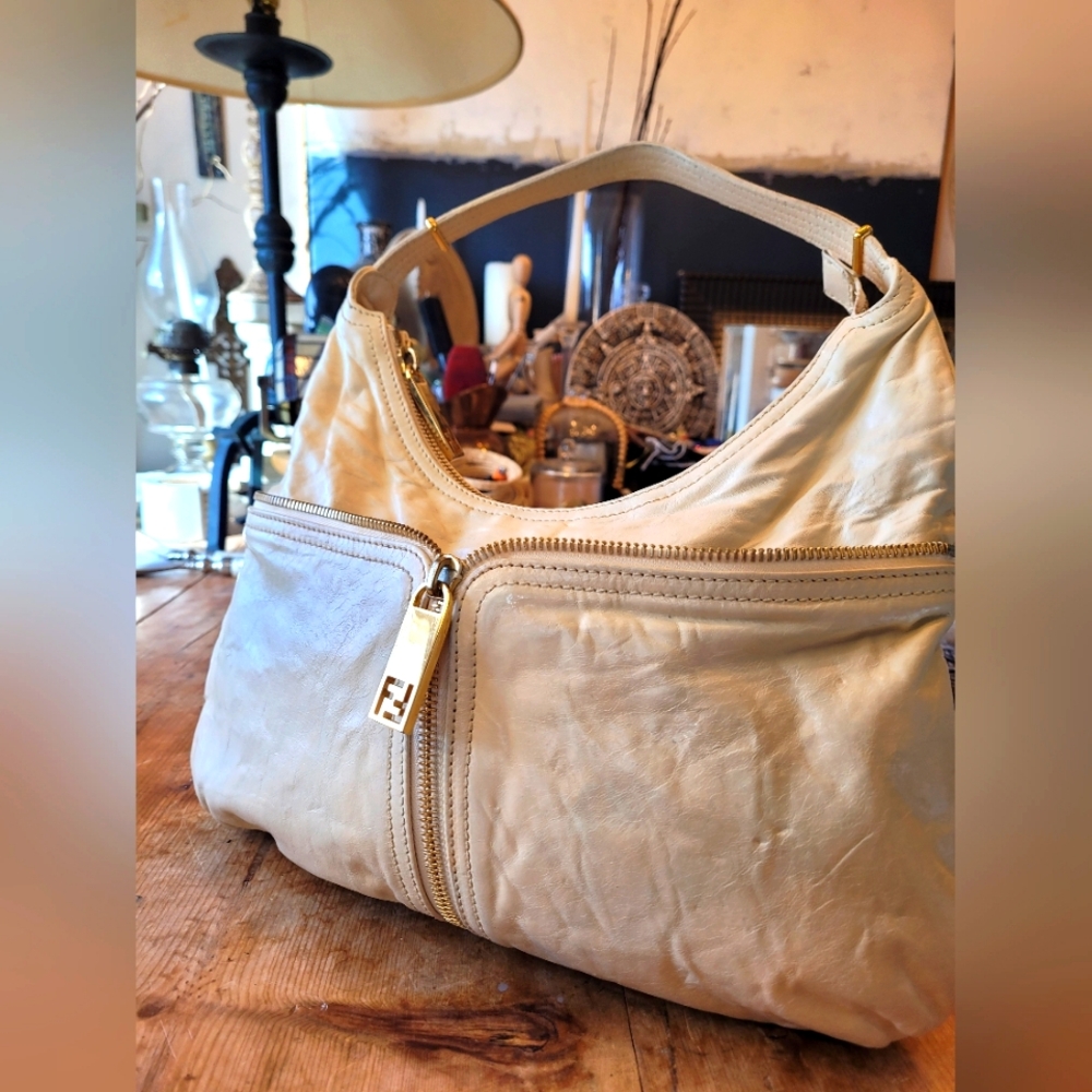 FENDI Zucca Zip Ivory Hobo Shoulder Bag